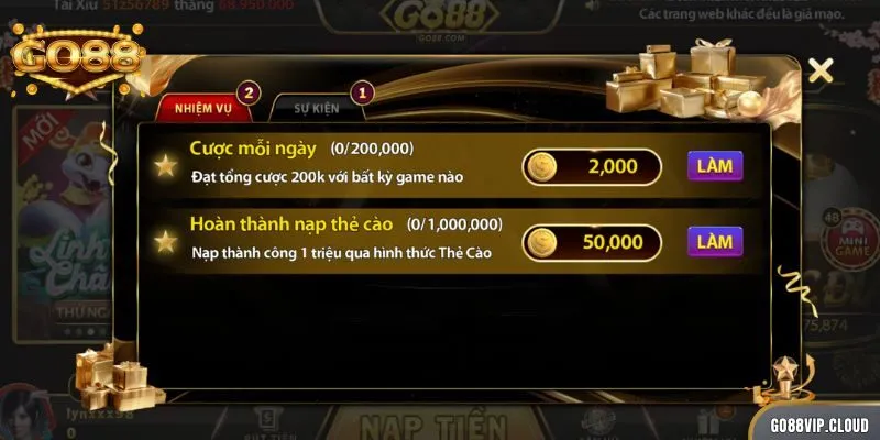 Có nhiều nhiệm vụ cần hoàn thành để nhận khuyến mãi Go88