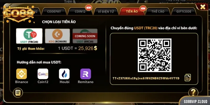 Crypto là cổng thanh toán mới toanh tại GO88 dành cho cược thủ