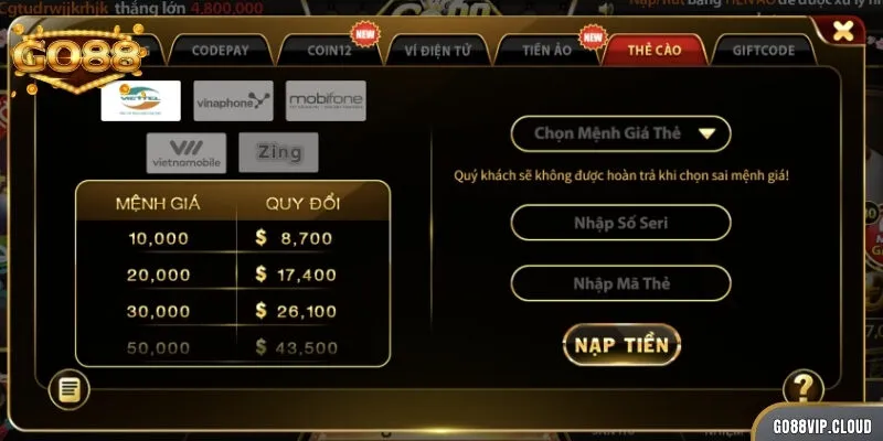 Nạp tiền GO88 tại quầy giao dịch là cách có độ an toàn cao