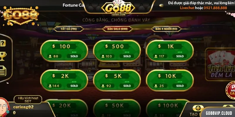 Tiến lên đếm lá Go88 có nhiều bàn cược để hội viên lựa chọn